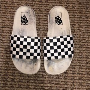 black and white checkered vans slides